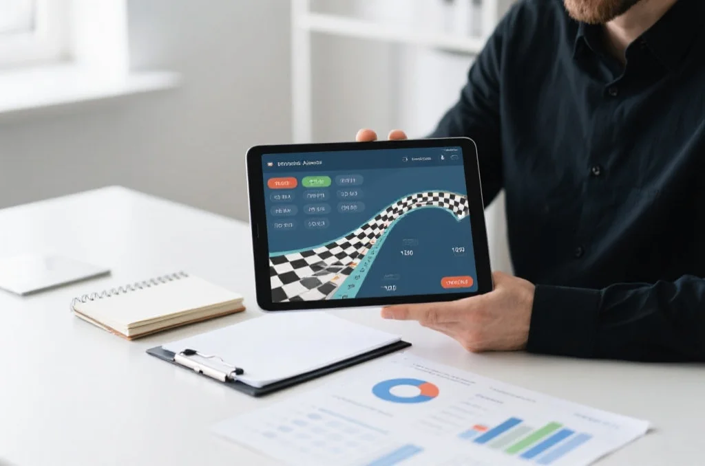 一位数据分析师在白色办公桌前，手里拿着带有极速赛车号码分布图的平板电脑，桌上有笔记本和数据报表